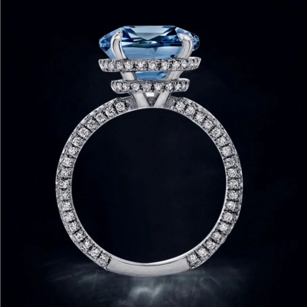 Italo Blue Topaz Ring Hidden Halo Cushion Cut Engagement Ring - Picture 5 of 11